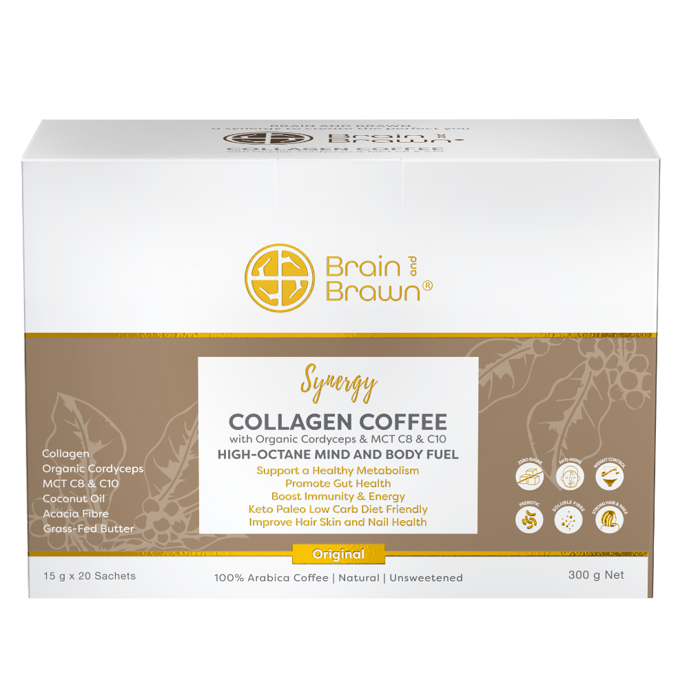 Brain and Brawn Collagen Coffee Synergy box containing 20 sachets