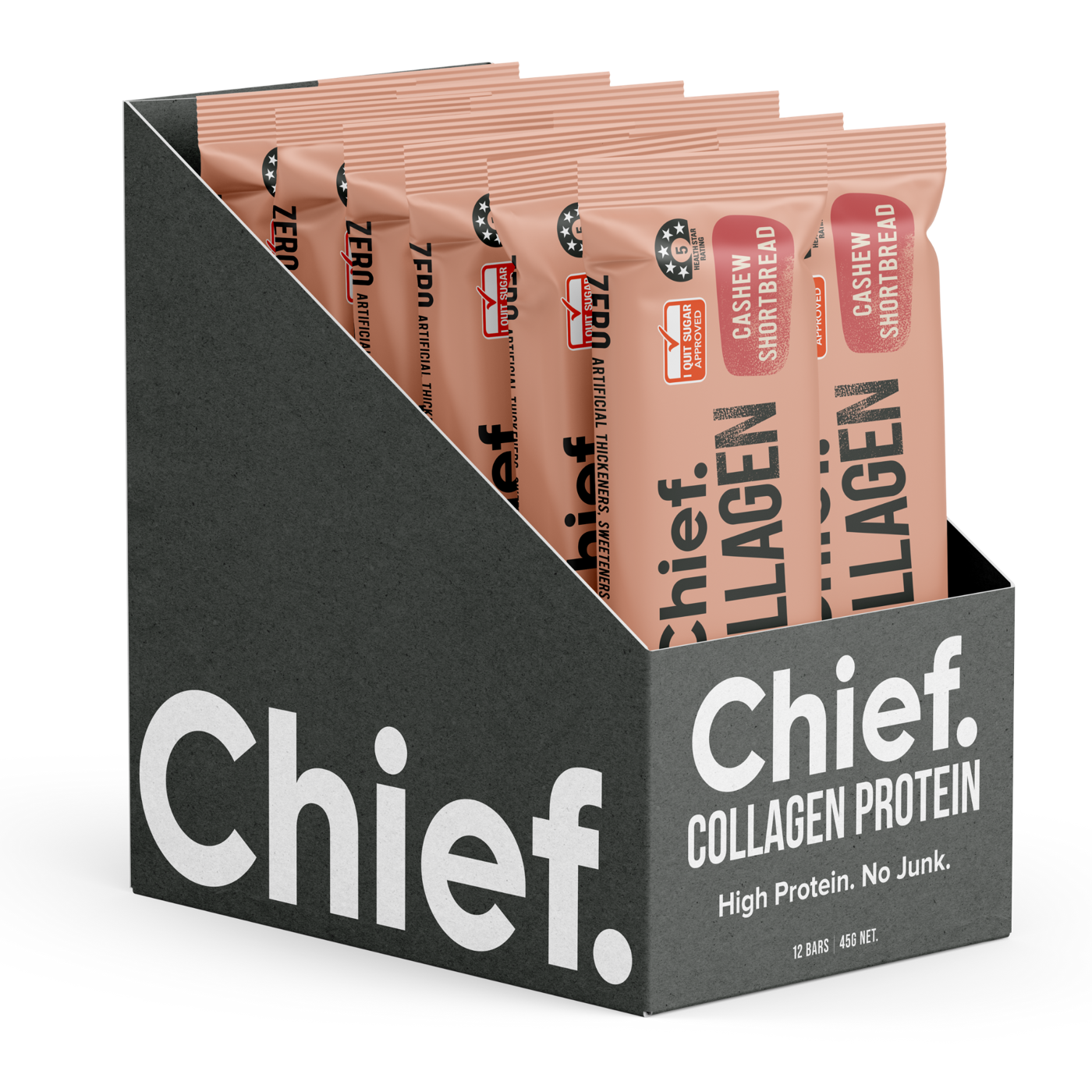 Chief Collagen Protein Cashew Shortbread box containing 12 bars