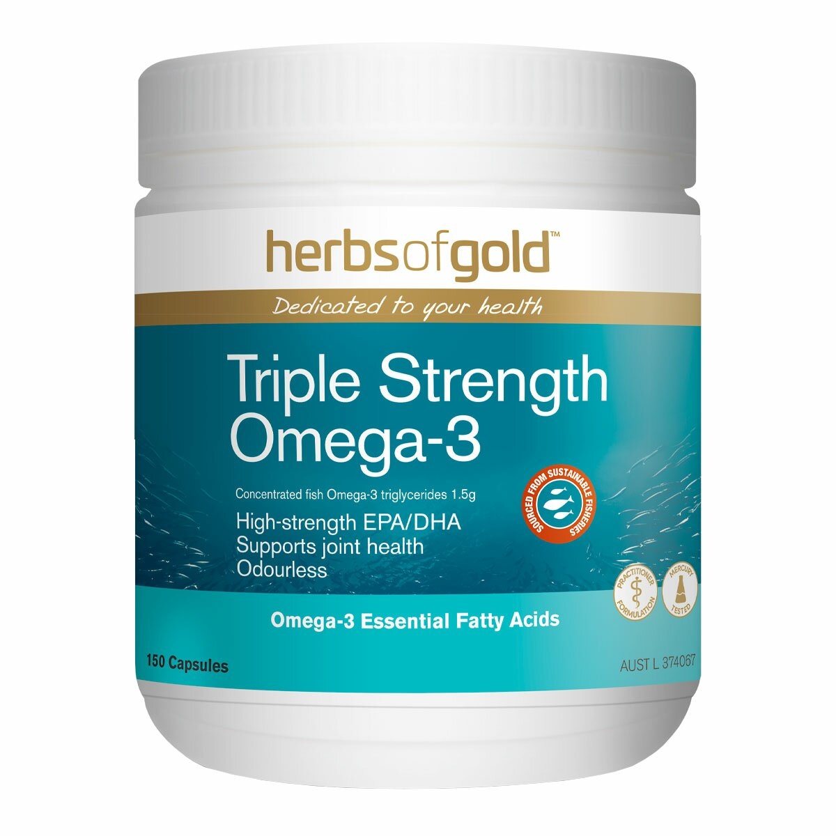 Herbs of Gold Triple Strength Omega-3 150 capsules product tub